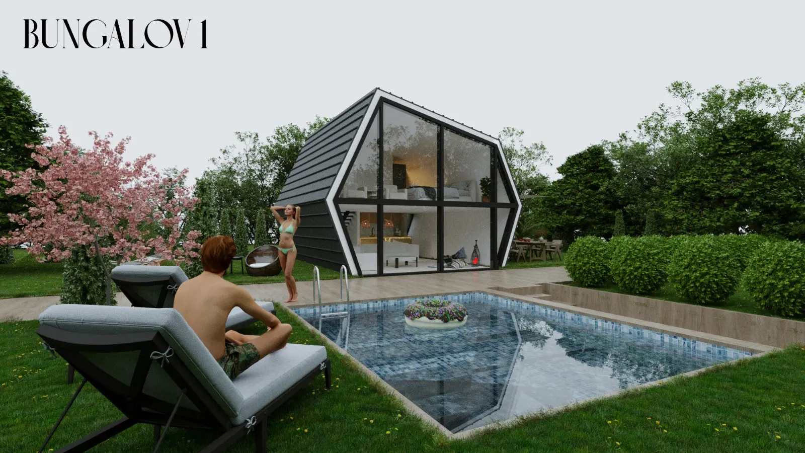 Havuzlu ve iki katlı modern bungalov ev konsept tasarımı