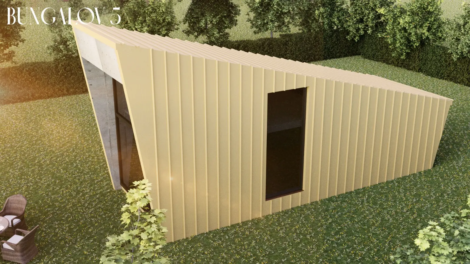 Geniş cam yüzeyli ve havuzlu modern bungalov ev konsept tasarımı