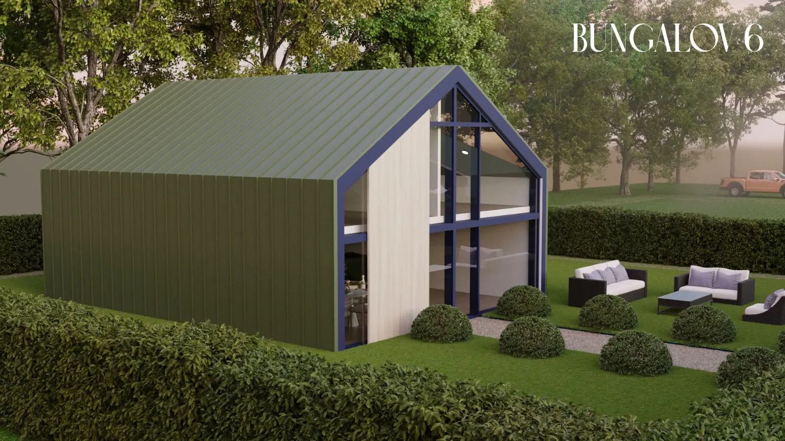 Yeşil kırma çatılı modern bungalov ev konsept tasarımı