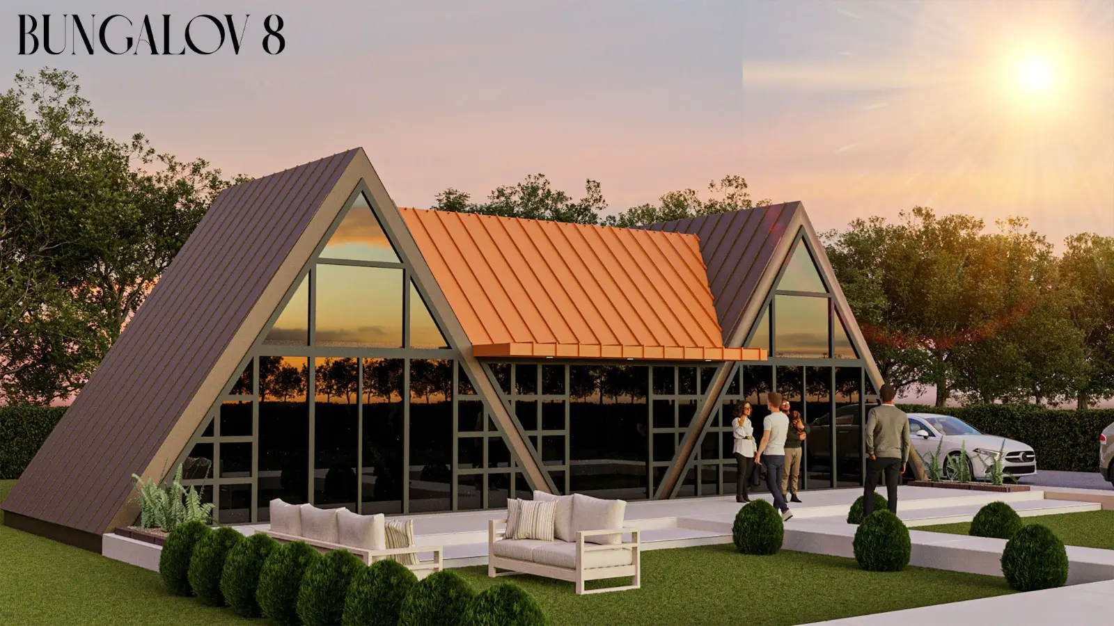 Üçgen çatılı, geniş verandaya sahip bungalov ev konsept tasarımı