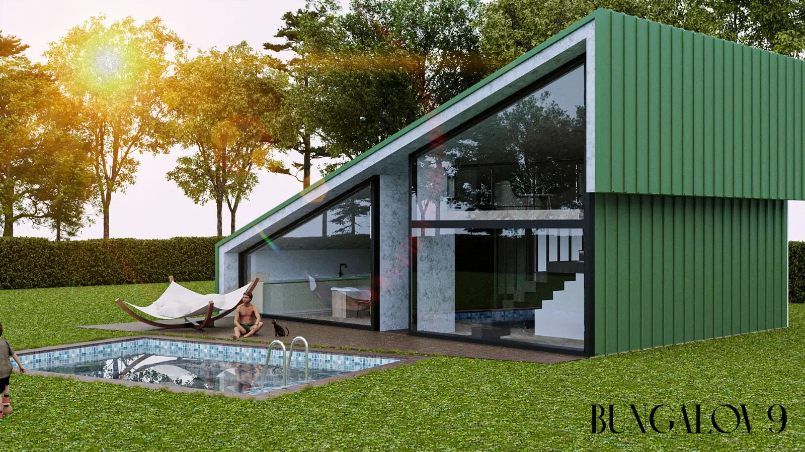 Yeşil metal cepheli ve havuzlu bungalov ev konsept tasarımı
