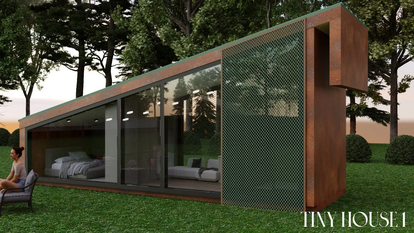 Geniş cam cepheli ve ahşap detaylı tiny house konsept tasarımı