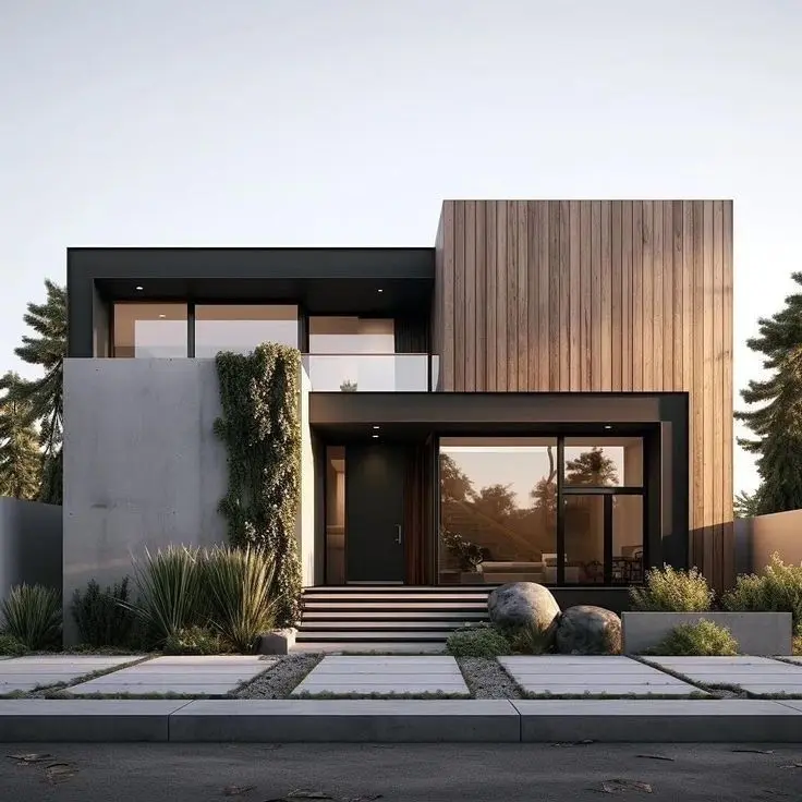 Ahşap ve antrasit cephe detaylarına sahip modern villa tasarımı